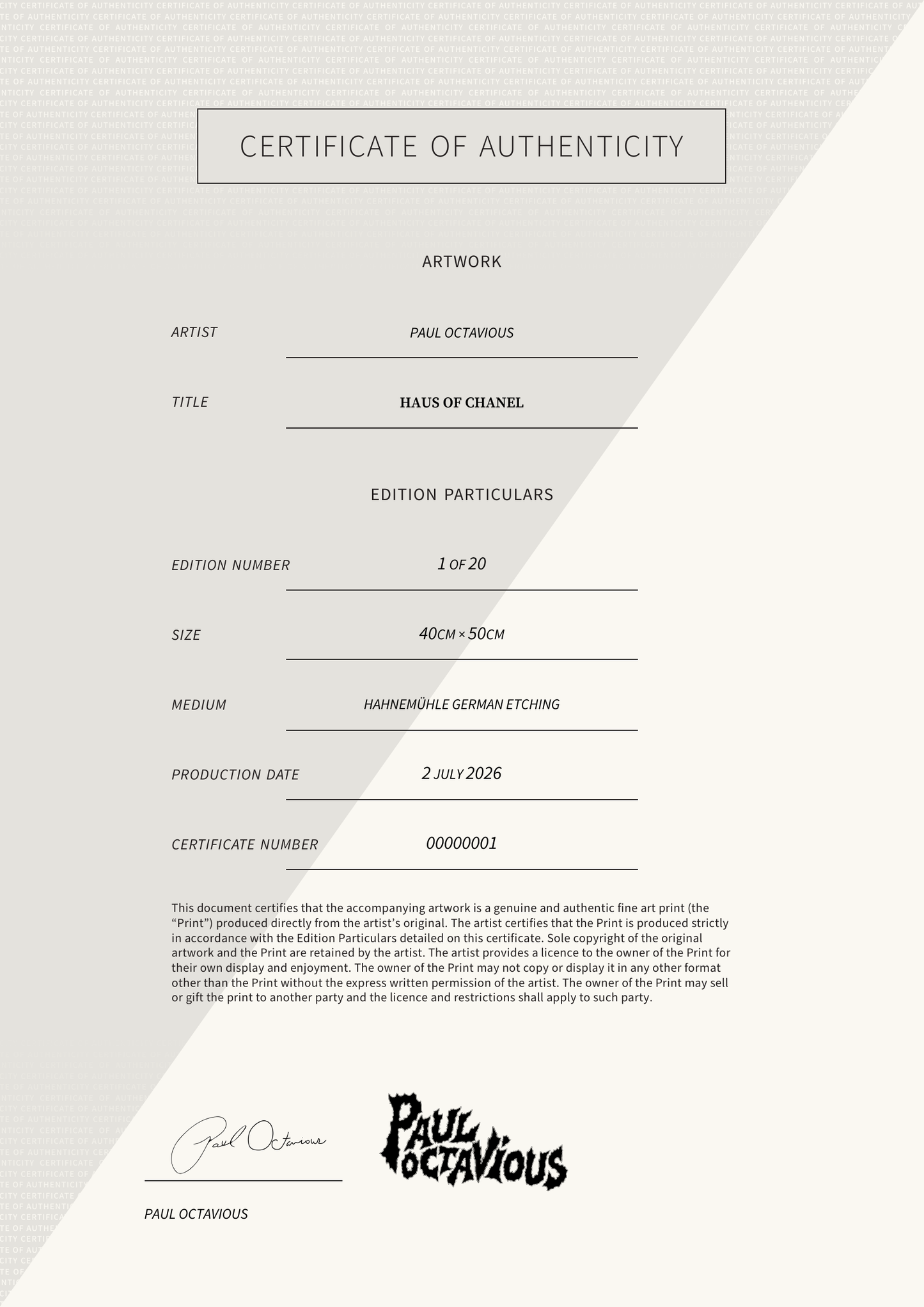 Haus of Chanel — Certificate of Authenticity